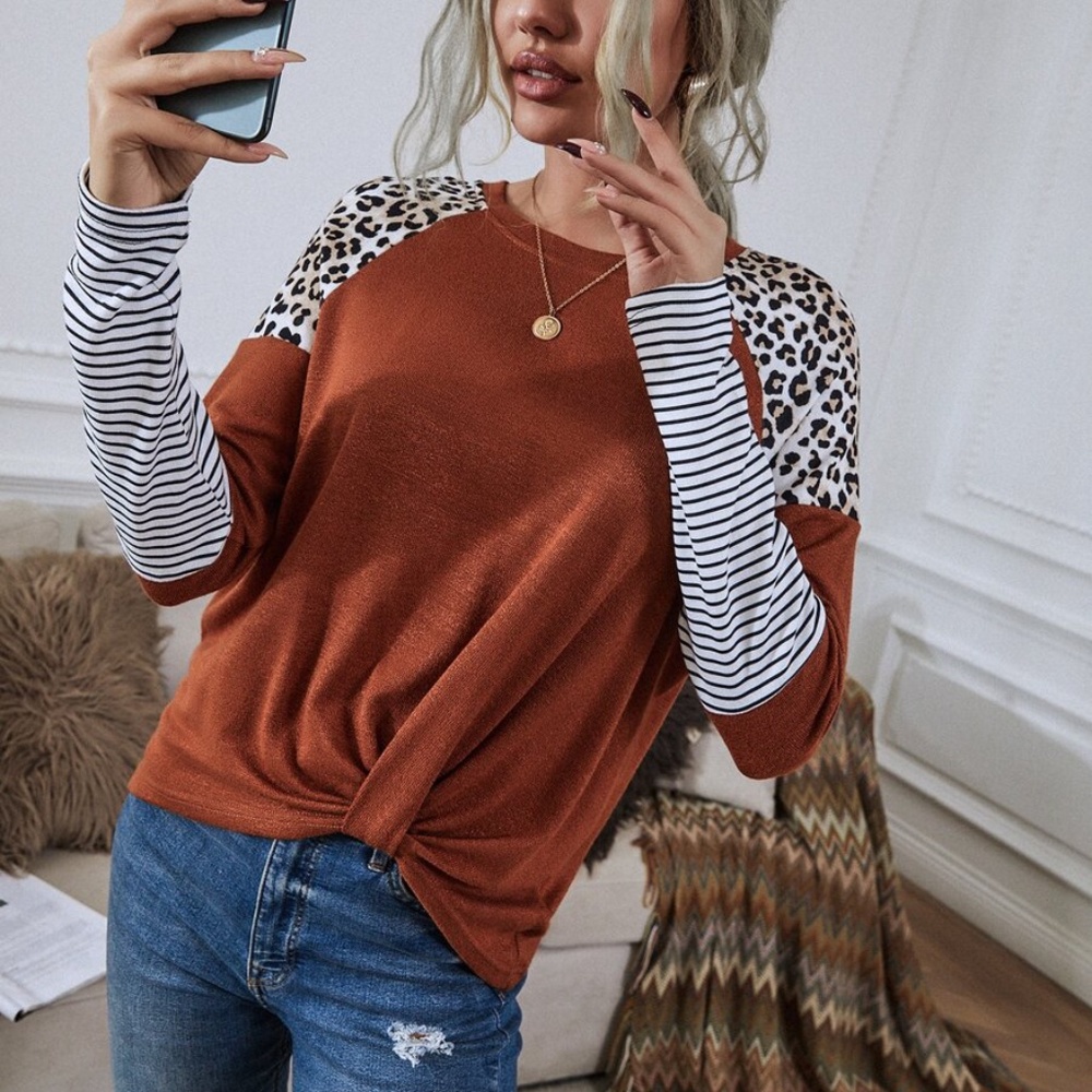rust stripes color block leopard print long sleeve